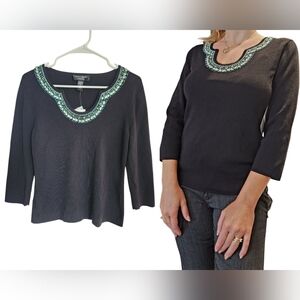 Cable And Gauge Black Knit Top M/P Beaded Neckline V-neck 3/4 Sleeves Office NWT